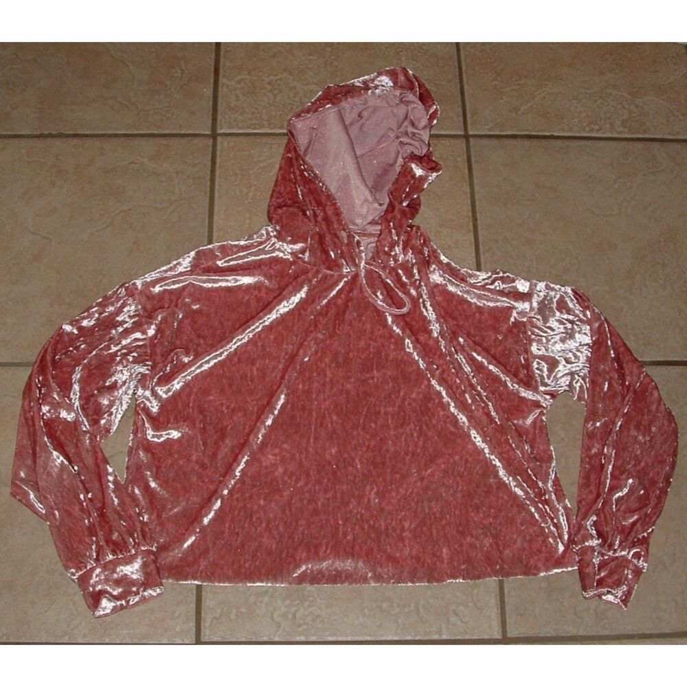 IVOIRE Pink Sz Large Roomy Stretchy Soft Crushed Velvet Hooded Cropped Shirt